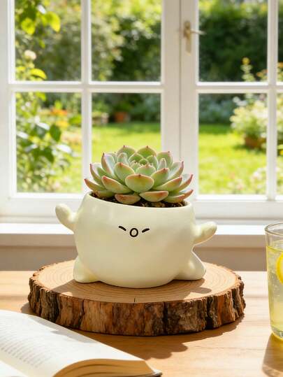 1个可爱卡通树脂多肉植物盆栽，INS风格白色花盆，表情丰富，非常适合摆放在窗台、书桌、卧室和办公室。这款迷人的迷你花盆适合室内植物，兼具波西米亚风和极简主义美学，是送给植物爱好者的理想礼物。