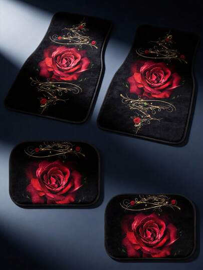 2/4pcs American Style Red Rose Pattern Car Floor Mats, Front Mat Size 33x44cm, Rear Mat Size 44x68cm, Absorbent Non-Slip Polyester Fiber Car Carpet, Suitable For Most Vehicle Front & Rear Seats, Luxury Car Interior Decor Upgrade, Perfect Romantic Wedding Gift, Essential For Valentine's Day & Anniversary, Elegant Rose Aesthetic For Daily Commute & Travel