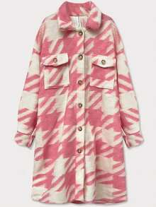 Damen-Hemdmantel, Hahnentrittmuster, rosa, mit Knöpfen, Oversized-Schnitt, gerader Schnitt, mit Kragen, weiten Ärmeln mit geknöpften Manschetten, zwei Taschen, knielang. Der Mantel passt Größen S-XL und ist ideal für Frühling/Sommer. - Pink - Übersicht 3