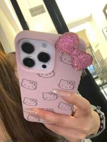 SANRIO Ốp lưng điện thoại da họa tiết mèo Hello Kitty thắt nơ, tương thích với Apple 17 Pro Max/16/15/14/13/12/11 - Hồng - Xem 2