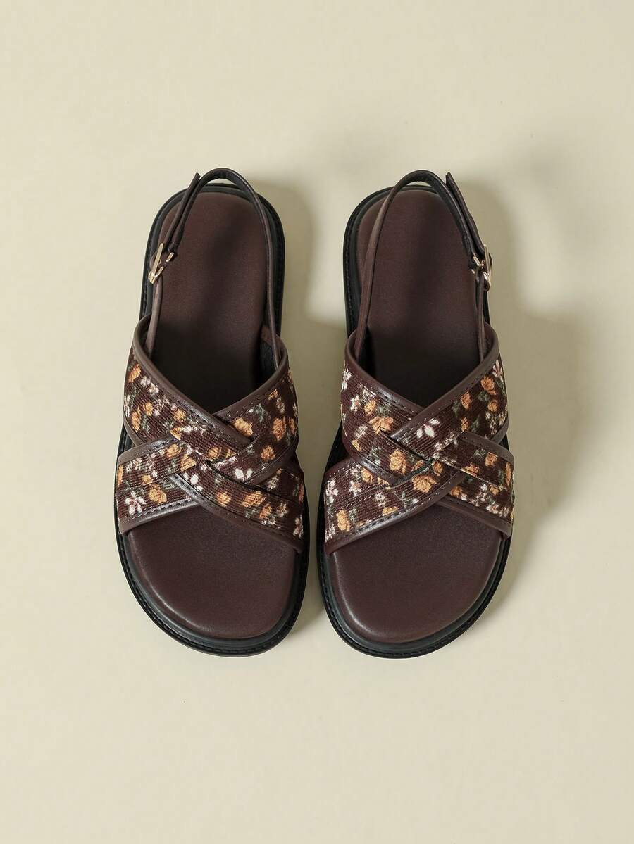 Giày sandal đế bằng nữ có quai cài, gót thấp, đế dày, kẻ sọc, phối màu, phong cách Bohemian, họa tiết retro, hở mũi, thoải mái, mẫu mới mùa hè, đế xuồng, gót thấp, không gây mỏi chân, thời trang ngoài trời, đi biển, họa tiết hoa ngẫu nhiên, xuân thu 2026, hoa nhỏ bất đối xứng, thoáng khí, thanh lịch, phù hợp với váy, thường ngày, thể thao, quai, giày La Mã dệt, cỡ 33-43 - Cà phê nâu - Xem 1