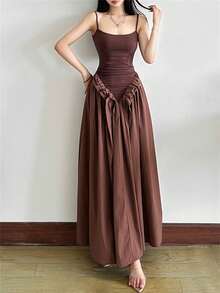 Vestido largo elegante y sencillo para mujer Kliou de verano, con tirantes finos, bajo acampanado, fruncido, ajustado, patchwork y espalda descubierta - Marrón - Ver 7