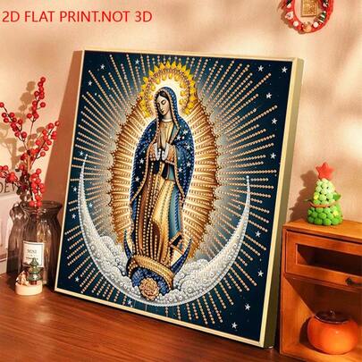 1 pieza Pintura de diamantes con impresión plana 2D de la Virgen María, bordado de diamantes con figura religiosa, pintura en lienzo de 11.8x11.8 pulgadas, decoración del hogar para sala de estar y dormitorio, kit de arte de diamantes DIY con herramientas, icono católico de pintura de diamantes, regalo festivo, decoración de sala de estar con arte de diamantes