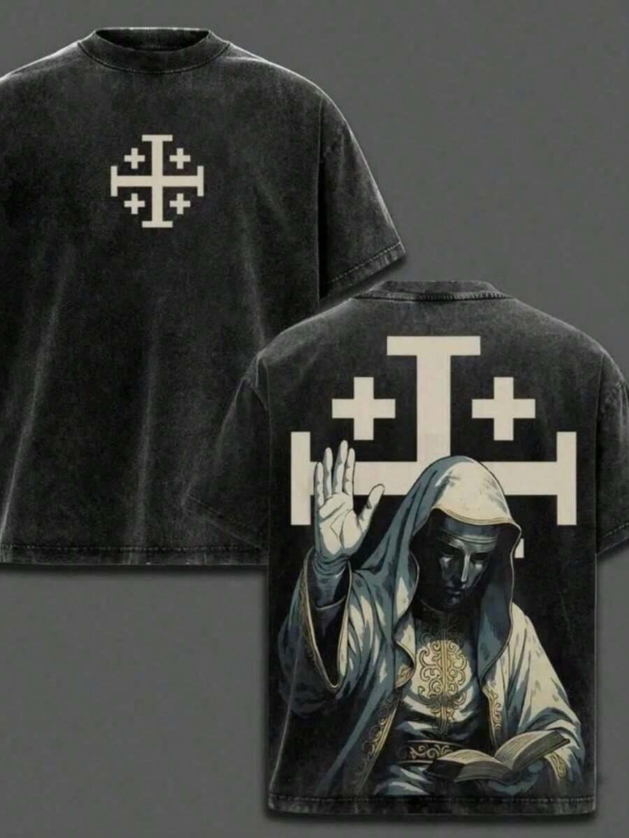 Men's Washed T-Shirts,Baldwin IV Washed Oversized Tee Featuring Crusader Knight Artwork & Distressed Retro Fit – Trending Medieval Streetwear Essential - size - 查看 1