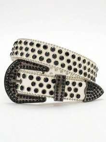 1pc Solid Color Rhinestone Waist Belt, Inlaid With Shiny Crystal For Punk And Hip-Hop Style, Suitable For S Or Dress Halloween Summer, School Fall, Autumn, Halloween Autumn-Winter Accessories,Suitable For Teens, Youth,Men,Casual, Outdoor, Athletic, Vacation, Graduation Gifts, Birthday, Daily Wear - 黑白 - 查看 2