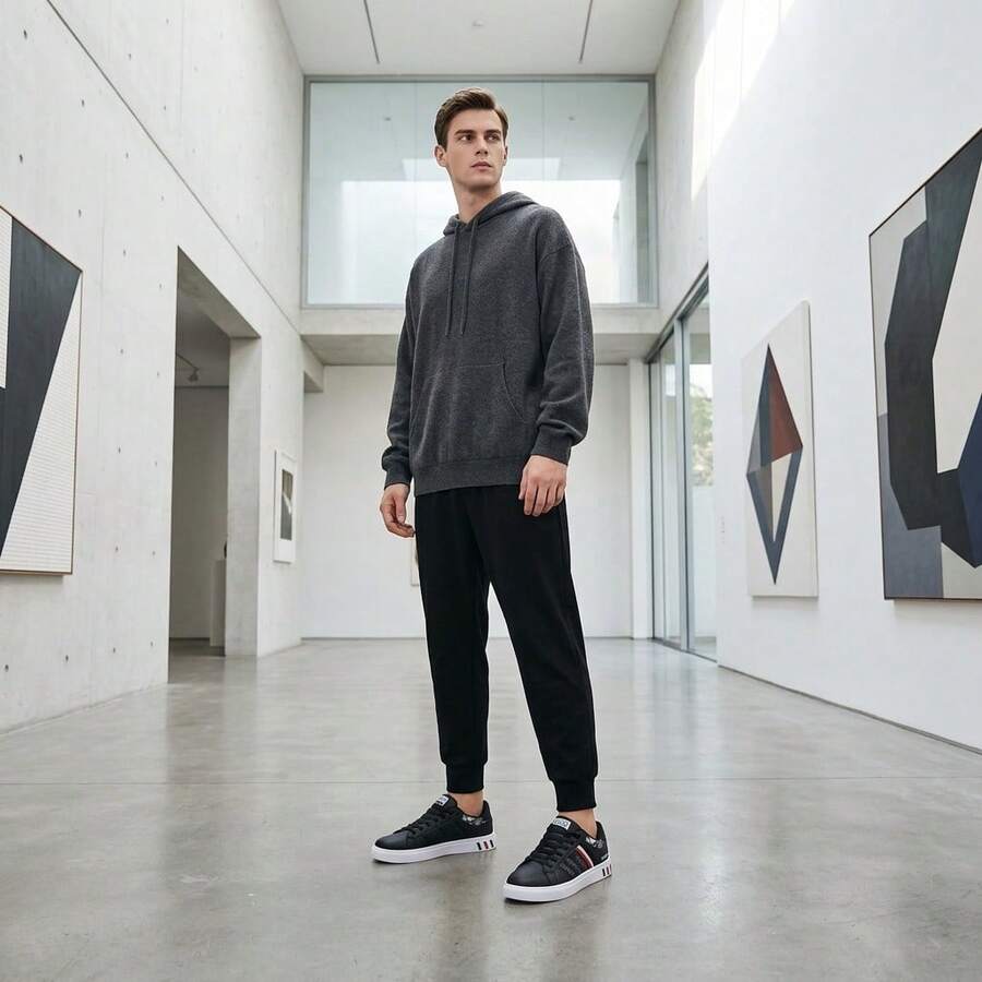 Zapatillas deportivas y de estilo urbano para hombre; zapatillas deportivas con cordones de diseño moderno, con suela plana antideslizante y gran transpirabilidad, fabricadas en material sintético resistente al desgaste y adornadas con rayas decorativas en los laterales. De estilo juvenil y moderno, combinan con todo y son ideales para caminar o para el día a día. Zapatillas deportivas para hombre, cómodas y ligeras, a precio de oferta. - Negro - Ver 1