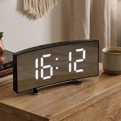 Relógio Digital LED Espelhado | Alarme Snooze Temperatura °C/°F USB ou Pilha Brilho Ajustável Moderno Decoração Para Quarto e Sala