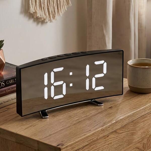 Relógio Digital LED Espelhado | Alarme Snooze Temperatura °C/°F USB ou Pilha Brilho Ajustável Moderno Decoração Para Quarto e Sala