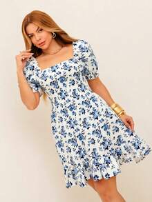RAINBOW Women's Short Princess Floral Dress With Puff Sleeves And Elasticated Fabric - Elegant Fashion - One Size Fits 36-42 (Brazilian Sizes) - Crepe Fabric - 128-淺藍色 - 查看 6