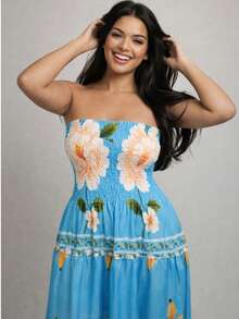 July Strapless Tropical Dress In Various Prints, 2025 Collection - flores azules - Ver 5