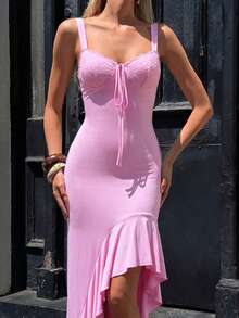 优雅粉色吊带无袖不对称荷叶边下摆连衣裙，饰有蕾丝点缀——甜美风格，是婚礼宾客、约会、休闲外出、海滩度假、夏季假期、毕业派对等场合的理想之选。 - 粉色 - 查看 6