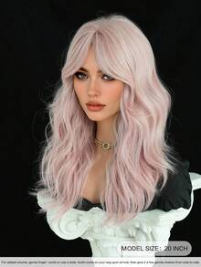7JHH WIGS Medium Length Baby Pink Wavy Wigs For Women 20 Inch Loose Fluffy Wave Curly Curtain Bangs Wig, High Density Full Machine Heat Resistant Fiber Hair Synthetic Costume Wigs For Cosplay Wear,Halloween Carnival & Music Festival Party Wigs Accessories - Pink - View 5