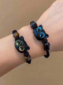 1条INS风迷你黑猫编织手链，适合日常佩戴，可作礼物 - 黑色 - 查看 1