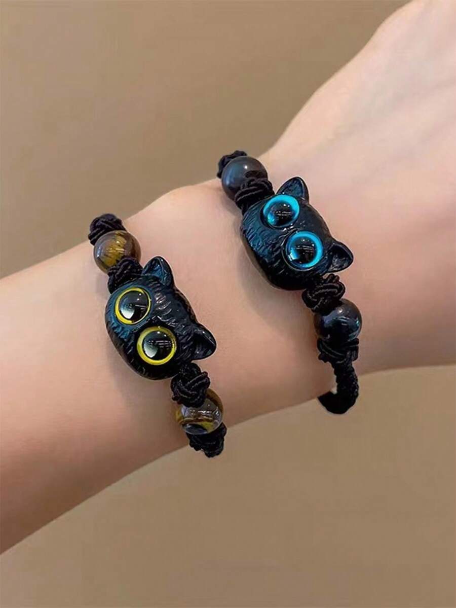 1条INS风迷你黑猫编织手链，适合日常佩戴，可作礼物 - 黑色 - 查看 1