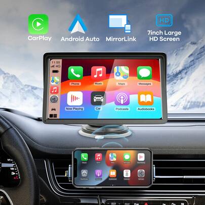 REMAX 7英寸车载多媒体视频播放器，支持无线CarPlay和无线Android Auto，便携式通用车载显示器带摄像头，车载MP5播放器，适用于菲亚特500，即插即用，稳定经典之选