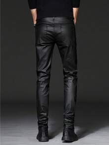Men's New Coated Glossy Stretch PU Leather Trousers - Korean-Style Casual Slim-Fit Long Pants With Tapered Legs, Suitable For All Seasons (Height-Enhancing & Slimming Fit) - 黑色 - 查看 5