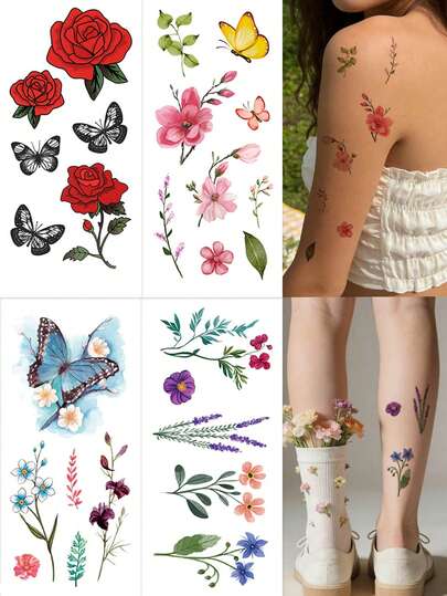 STARTTOOS Y2K Minimalist Spring Romantic Butterfly & Floral Temporary Tattoo Stickers, DIY For Anime Convention, Carnival, Music Festival, Valentine's Day, Party Gifts, Suitable For Wrist, Ankle, Shoulder, Neck, Collarbone, Waterproof & Realistic