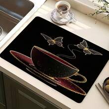 1pc Butterfly & Tea Smoke Pattern Multi-Purpose Absorbent Mat, Polyester Tabletop Protective Pad, Suitable For Kitchen, Dining Table Decor, Dish Drying, Washing Machine, Coffee Maker, Bathroom Vanity, Kitchen Accessories, Party Supplies - Minimalist Black and White Coffee Cup - View 1