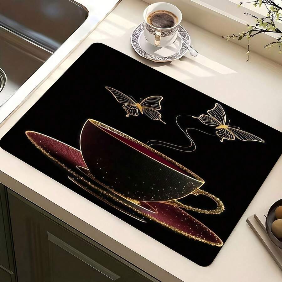 1pc Butterfly & Tea Smoke Pattern Multi-Purpose Absorbent Mat, Polyester Tabletop Protective Pad, Suitable For Kitchen, Dining Table Decor, Dish Drying, Washing Machine, Coffee Maker, Bathroom Vanity, Kitchen Accessories, Party Supplies - Minimalist Black and White Coffee Cup - View 1