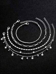 4件套时尚简约水晶星星吊坠手链套装，适合女性和女孩日常佩戴、节日、派对、度假礼物 - 星鋯5層4件亮銀 - 查看 3