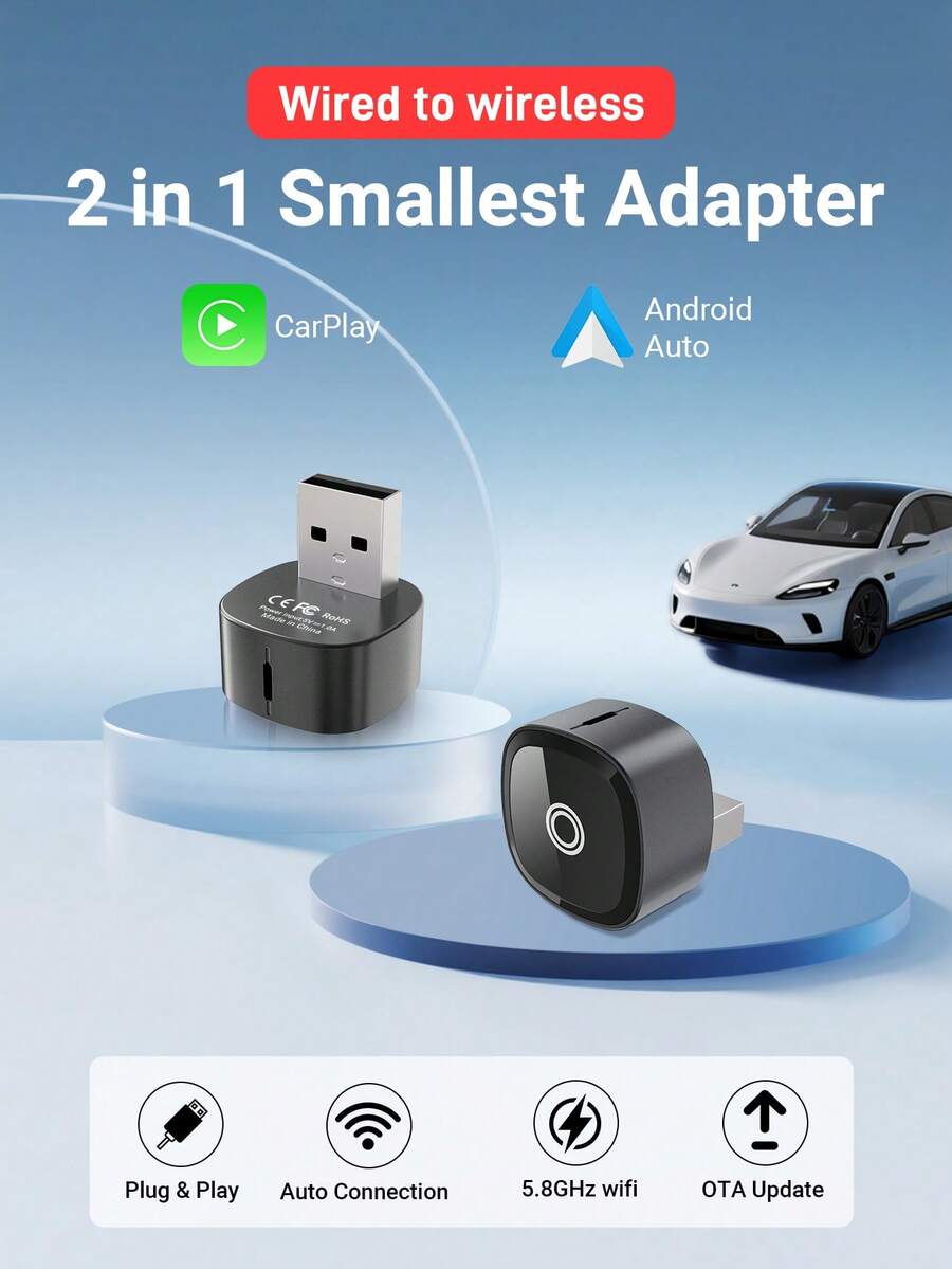 XUDA 2026 新款超迷你 CarPlay AI 盒，有线转无线 CarPlay 和 Android Auto 二合一适配器，即插即用，兼容 99% 原装带有线 CarPlay/Android Auto 的车型，2.4~5.0 GHz WiFi5，时尚便携 - A - 查看 1