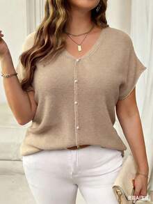 Plus Size Women V-Neck Puff Sleeve Solid Color Casual Knit Pullover Sweater, Spring/Summer - Khaki - View 5
