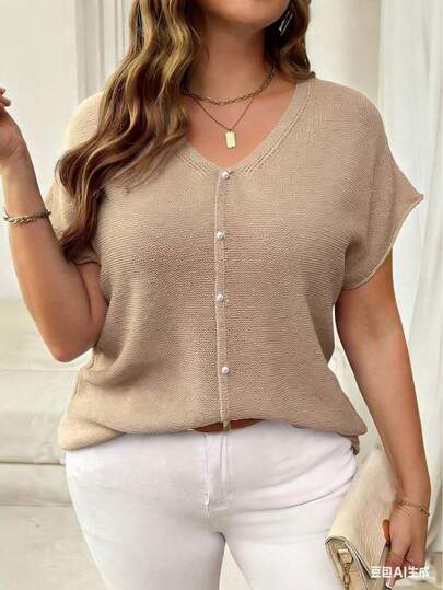 Plus Size Women V-Neck Puff Sleeve Solid Color Casual Knit Pullover Sweater, Spring/Summer