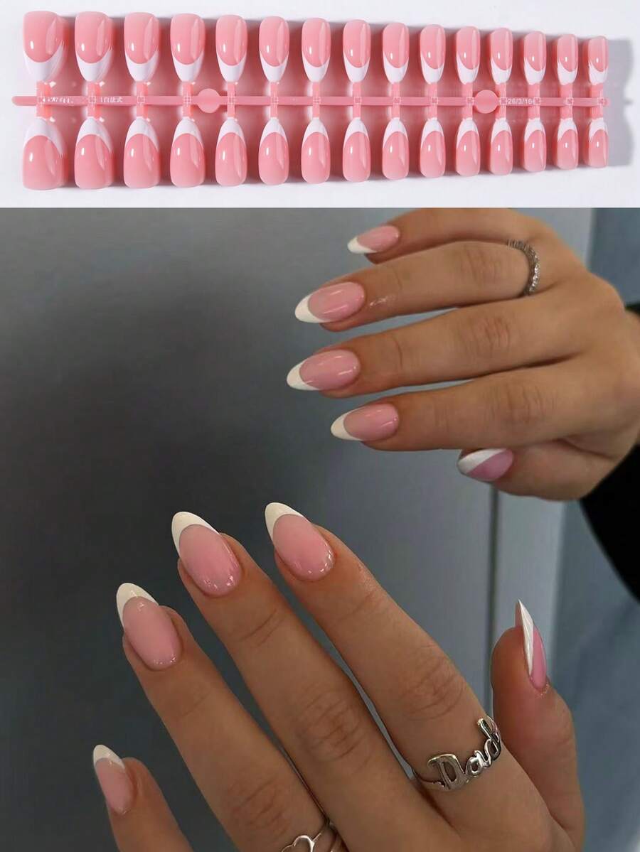 150pcs White Almond Shaped French Manicure Fake Nails. Featuring Minimalist French Design, Perfectly Fitting Acrylic Almond Nail Set. Includes: 1 Double-Sided Adhesive And 1 Nail File - White - View 1