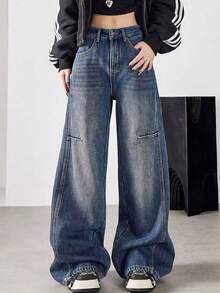 少女休闲水洗低腰阔腿牛仔裤 - 藍色 - 查看 1