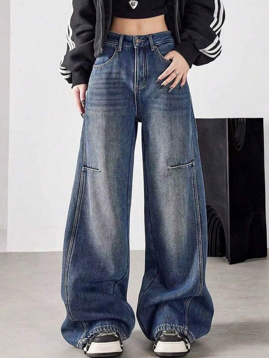 少女休闲水洗低腰阔腿牛仔裤 - 藍色 - 查看 1