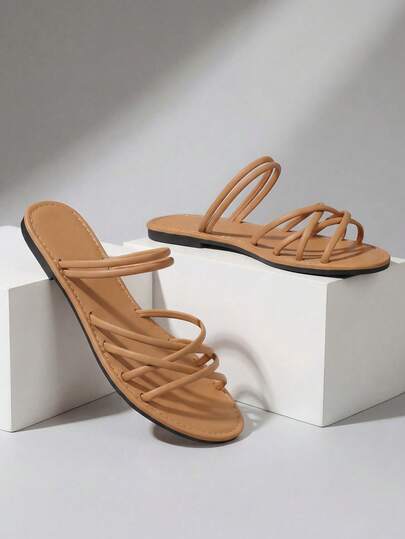 Ein Paar Jugendliche und Damen Kreuzriemen Design einfarbige minimalistische flache Slides, Casual Stil geeignet für den täglichen Gebrauch, Urlaub und Veranstaltungen, Slip-On