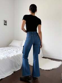 Jeans de Mezclilla Flare Cargo-Pantalón de Mezclilla Flare Cargo de Tiro Alto con Bolsillos Laterales - AZUL H005 - Ver 3