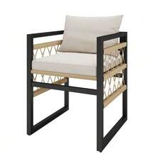 Handwoven Garden Sofa Set For 4 People / Made Of Sturdy Iron With 4 Beige Cushions / Includes 1 Glass Table And 4 Armchairs / Weather-Resistant Patio Furniture - Beige - View 10