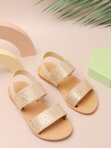 1 Pair Children's Summer Double-Strap Sandals, Elastic Back Strap Open Toe Bohemian Soft Bottom Beach Shoes - Gold - View 3