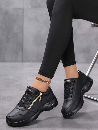 新款多功能防滑加大码女式气垫轻便PU皮休闲鞋，黑色厚底运动鞋，侧拉链装饰运动鞋，系带圆头黑金旅行鞋，适合约会、购物、通勤、派对、情人节、妇女节、万圣节、毕业季等场合。