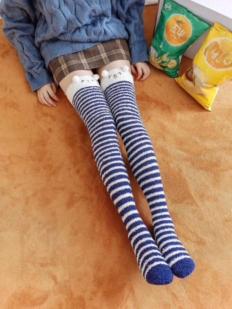 1 Pair Women's Cartoon Cute Thigh High Socks With Thermal Lining, Striped Over-The-Knee Socks - 藍色細條紋 - 查看 1