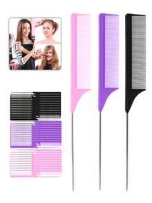 4/8pcs Set Hair Sectioning Comb, Rat Tail Comb, Highlighting Comb, Sectioning Comb, 1pc Carbon Fiber Plastic Hair Dye Comb, Stainless Steel Rat Tail Dye Comb, Highlighting Comb, Sectioning & Volumizing Comb - Multicolor - View 2