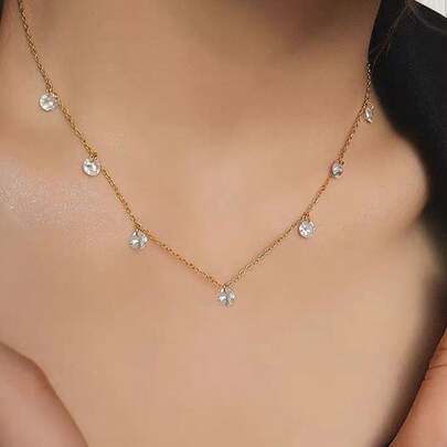 GAGAFEEL 1pc Sterling 925 Silver Fashionable Elegant Shining Round Cubic Zirconia Tassel Collarbone Chain Necklace For Women Daily Wearing Friendship Party Jewelry Gift