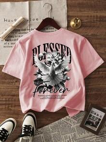 Men's Simple And Versatile Graphic Print Short Sleeve T-Shirt - 糖果粉紅色 - 查看 4