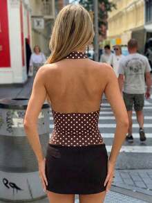 NOVELLE Women's Elegant Sexy Polka Dot Halter Top, Deep V-Neck Sleeveless Crop Top, Suitable For Summer Beach, Date, Party And Street Wear - Brown - View 3