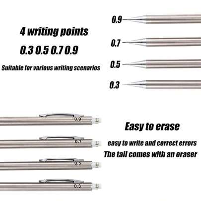 0.3/0.5/0.7/0.9mm Metal Mechanical Pencil Set, Suitable For Office, Study, Writing And Drawing, High-Quality Writing Tool