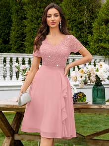 MIUSOL Đầm dạ hội dáng xòe bằng chiffon, cổ chữ V, đính sequin, họa tiết hoa, ren, xếp nếp, chất liệu thanh lịch dành cho nữ. - Hồng - Xem 6