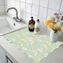 1 tấm thảm thấm hút đa năng nền xanh họa tiết hoa cúc, chất liệu polyester, thích hợp sử dụng trong nhà bếp, trang trí bàn ăn, lau khô chén đĩa, máy giặt, máy pha cà phê, bàn trang điểm phòng tắm, phụ kiện nhà bếp, đồ dùng tiệc tùng. - Mẫu hoa cánh hồng có gân xanh - Xem 1