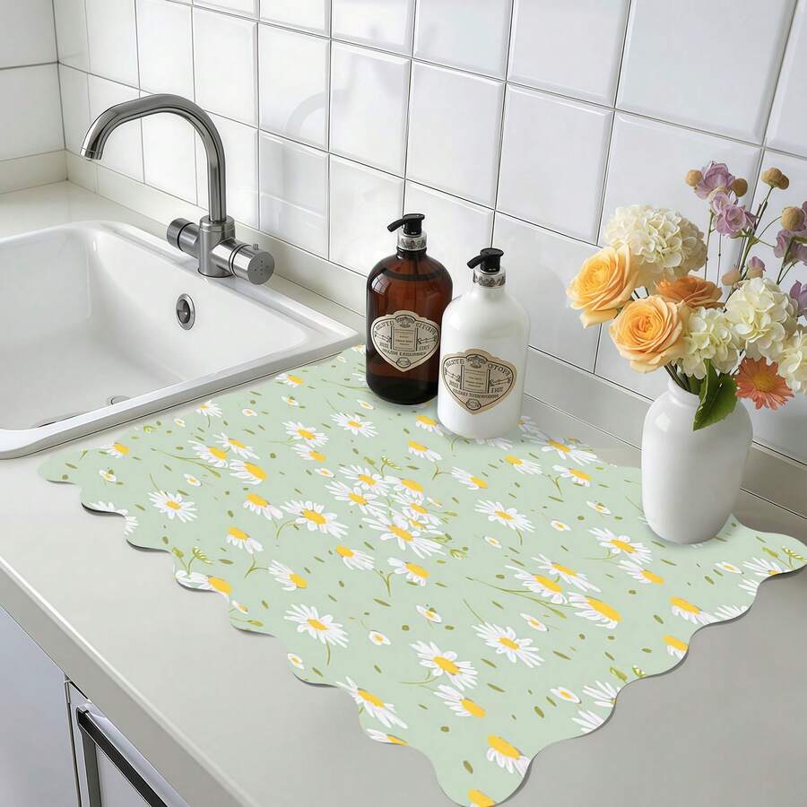 1 tấm thảm thấm hút đa năng nền xanh họa tiết hoa cúc, chất liệu polyester, thích hợp sử dụng trong nhà bếp, trang trí bàn ăn, lau khô chén đĩa, máy giặt, máy pha cà phê, bàn trang điểm phòng tắm, phụ kiện nhà bếp, đồ dùng tiệc tùng. - Mẫu hoa cánh hồng có gân xanh - Xem 1