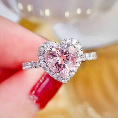 1 pieza Anillo de mujer con forma de corazón y circonita cúbica rosa, dulce y delicado, adecuado como regalo de aniversario, regalo del Día de San Valentín o regalo de cumpleaños. Regalo para mamá y novia. Adecuado para uso diario y citas.