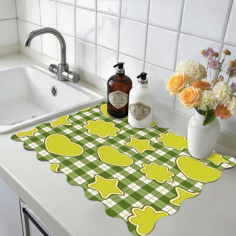 1pc Blue Gingham Sweet Heart Multi-Purpose Absorbent Mat, Polyester Tabletop Protective Pad, Suitable For Kitchen, Dining Table Decor, Dish Drying, Washing Machine, Coffee Maker, Bathroom Vanity Cup Coaster, Kitchen Accessories, Party Supplies - Qingge Sweetheart - View 1