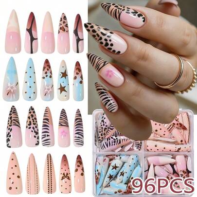 96Pcs Leopard Print Y2K Long Stilettos Gradient False Nails Star Print Ribbon Bow French Press On Nails Sweet Cool Full Cover Fake Nails
