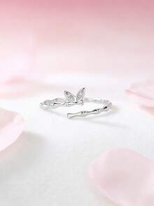 1pc S925 Sterling Silver Bamboo Leaf Ring, Inlaid With Shiny Cubic Zirconia, Fresh Nature-Inspired Design, Adjustable Open Ring, Unique Gift For Girls, Suitable For Daily Wear - Bamboo Joint - View 2
