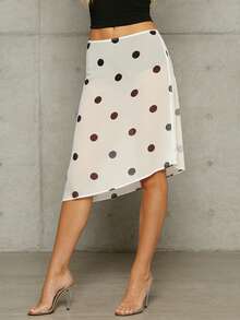 Women's Summer Sheer Chiffon Skirt Dot Print Asymmetrical Hem Midi Skirt for Travel, Beach, Shopping - Blanco - Ver 3