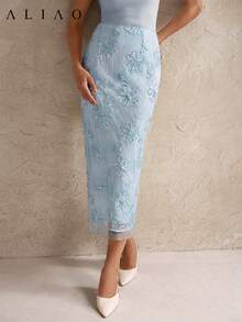 Aliao Summer Luxury Jacquard Beaded Straight Skirt With Back Slit, Elegant Elegant Suitable For Daily, Vacation, Party, Wedding, Valentine's Day Spring - Baby Blue - View 2